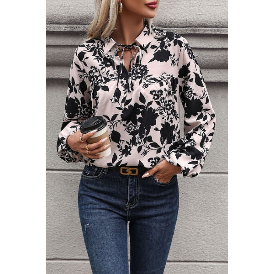 Printed Tie Neck Balloon Sleeve Blouse Clothing