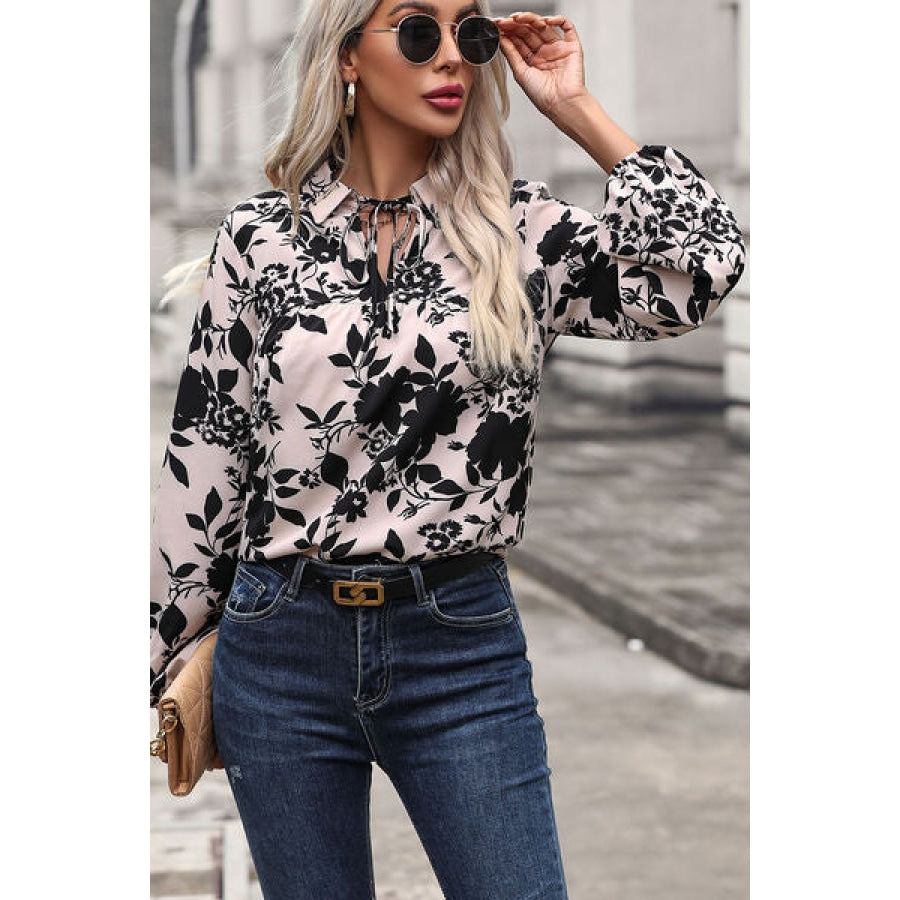 Printed Tie Neck Balloon Sleeve Blouse Clothing