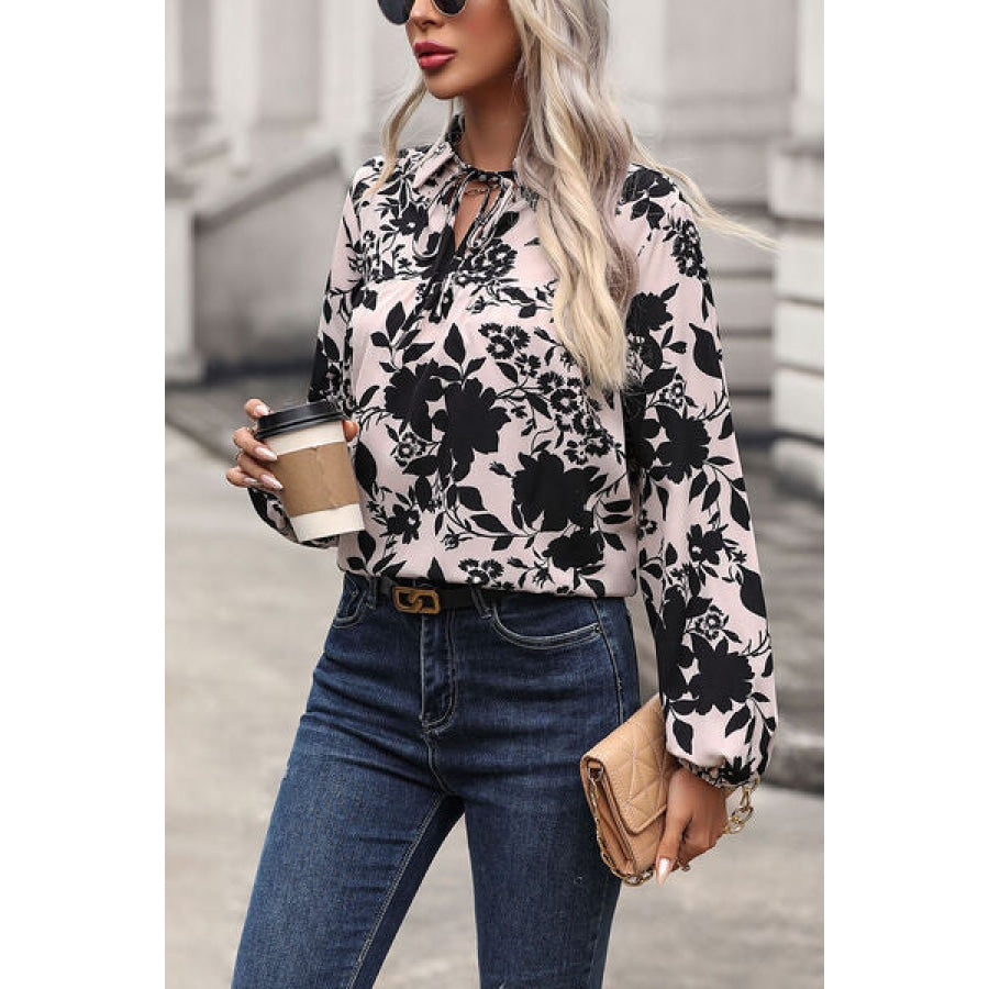 Printed Tie Neck Balloon Sleeve Blouse Clothing