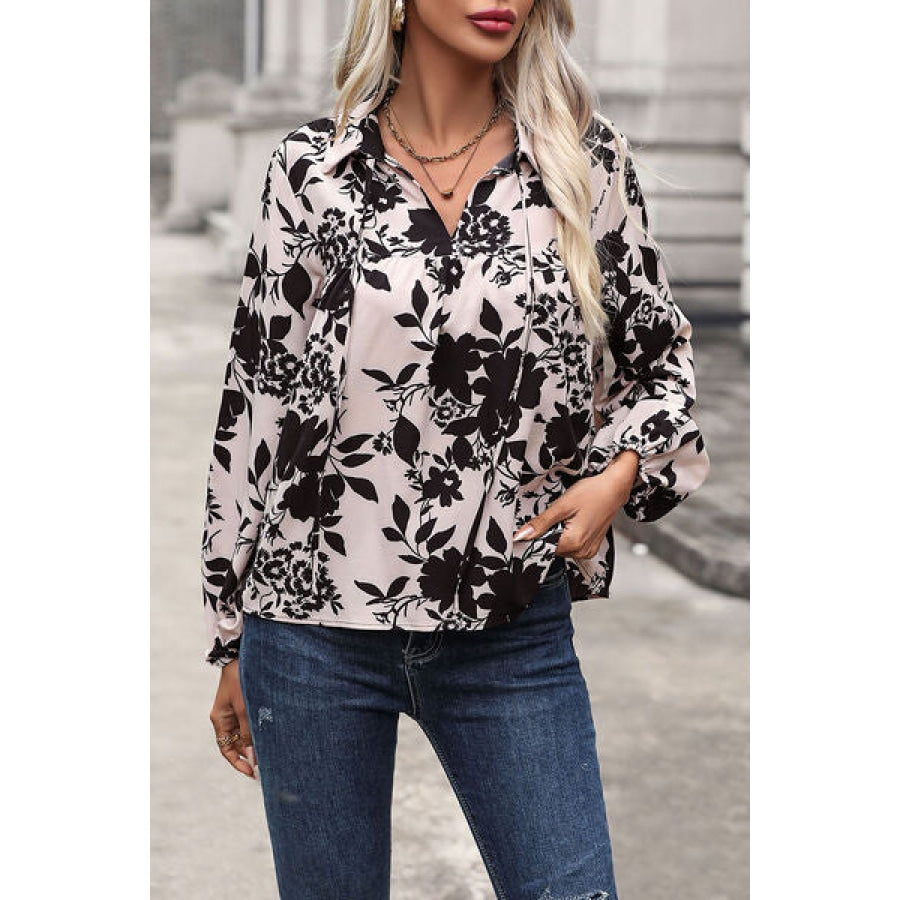 Printed Tie Neck Balloon Sleeve Blouse Cream / S Clothing