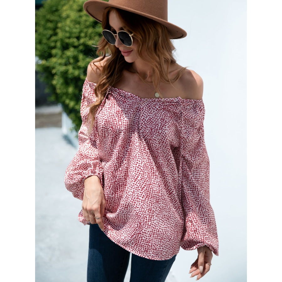 Printed Tie-Neck Balloon Sleeve Blouse Deep Red / S