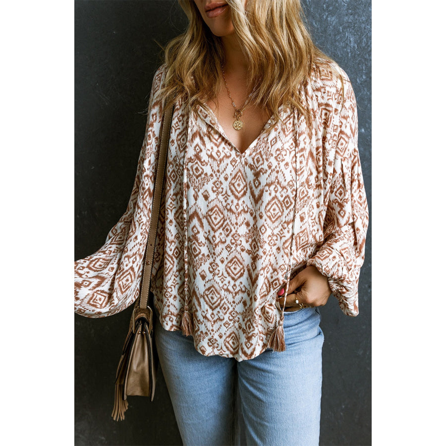 Printed Tie Neck Balloon Sleeve Blouse Mocha / S Apparel and Accessories