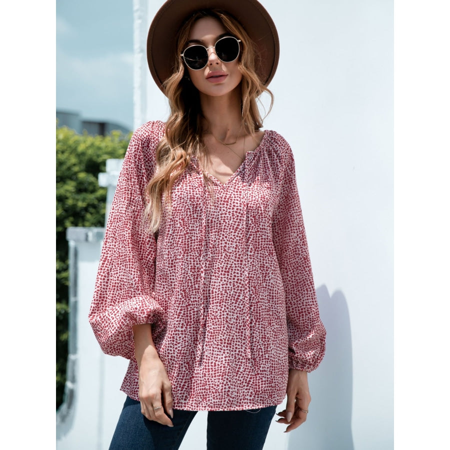 Printed Tie-Neck Balloon Sleeve Blouse