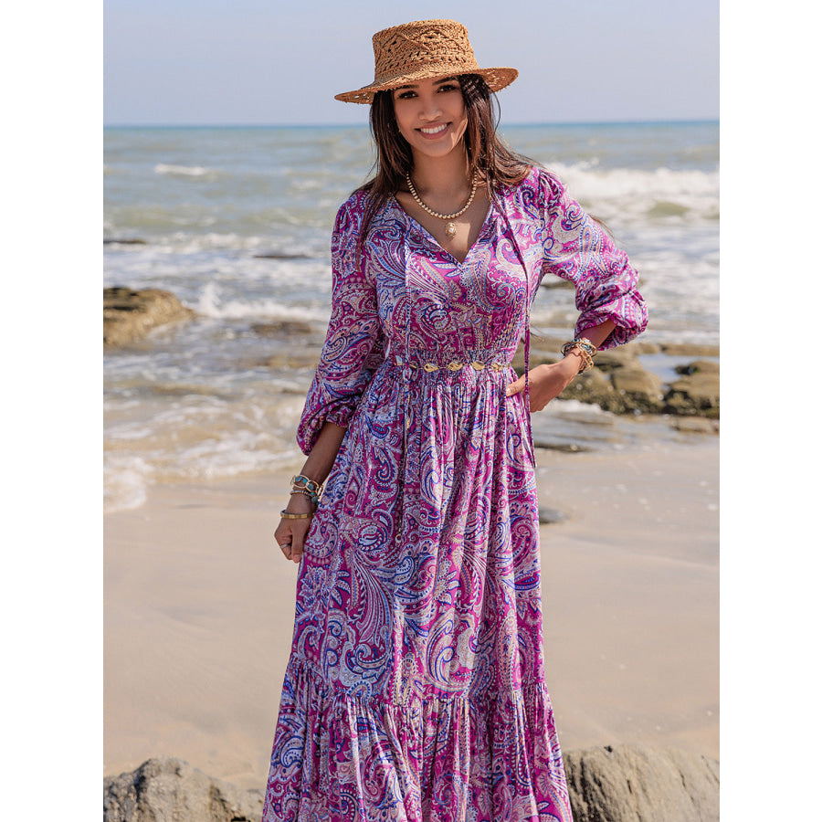 Printed Tie Neck Balloon Sleeve Maxi Dress Apparel and Accessories