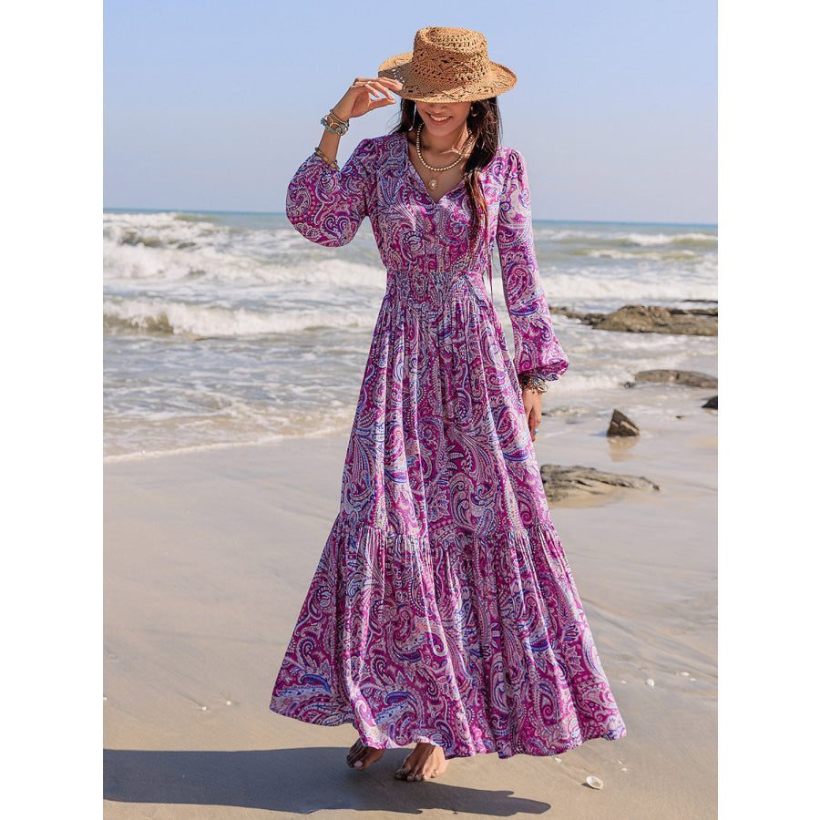 Printed Tie Neck Balloon Sleeve Maxi Dress Apparel and Accessories