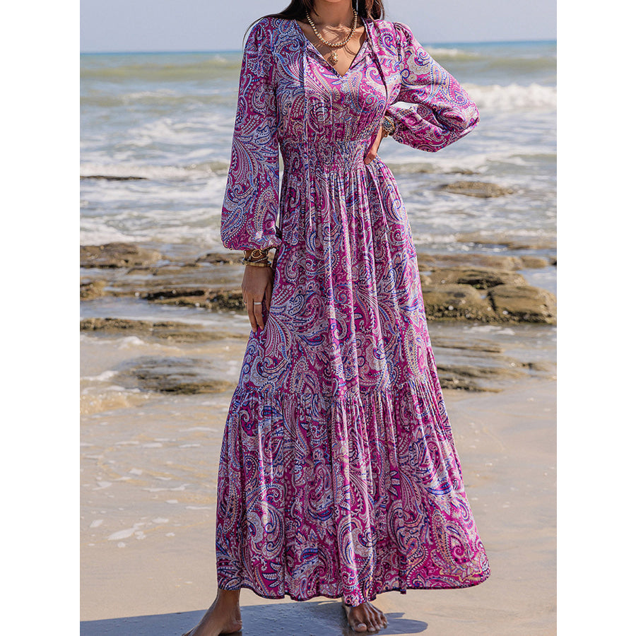 Printed Tie Neck Balloon Sleeve Maxi Dress Apparel and Accessories