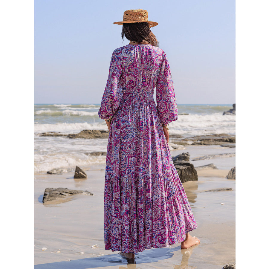 Printed Tie Neck Balloon Sleeve Maxi Dress Apparel and Accessories