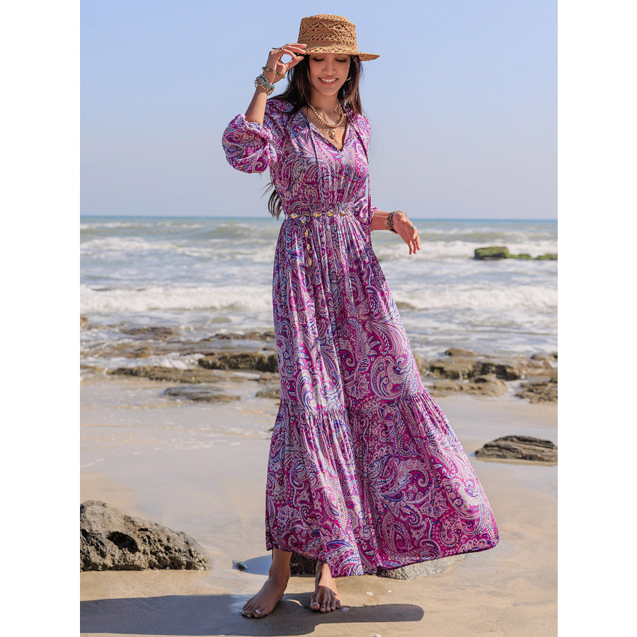 Printed Tie Neck Balloon Sleeve Maxi Dress Apparel and Accessories