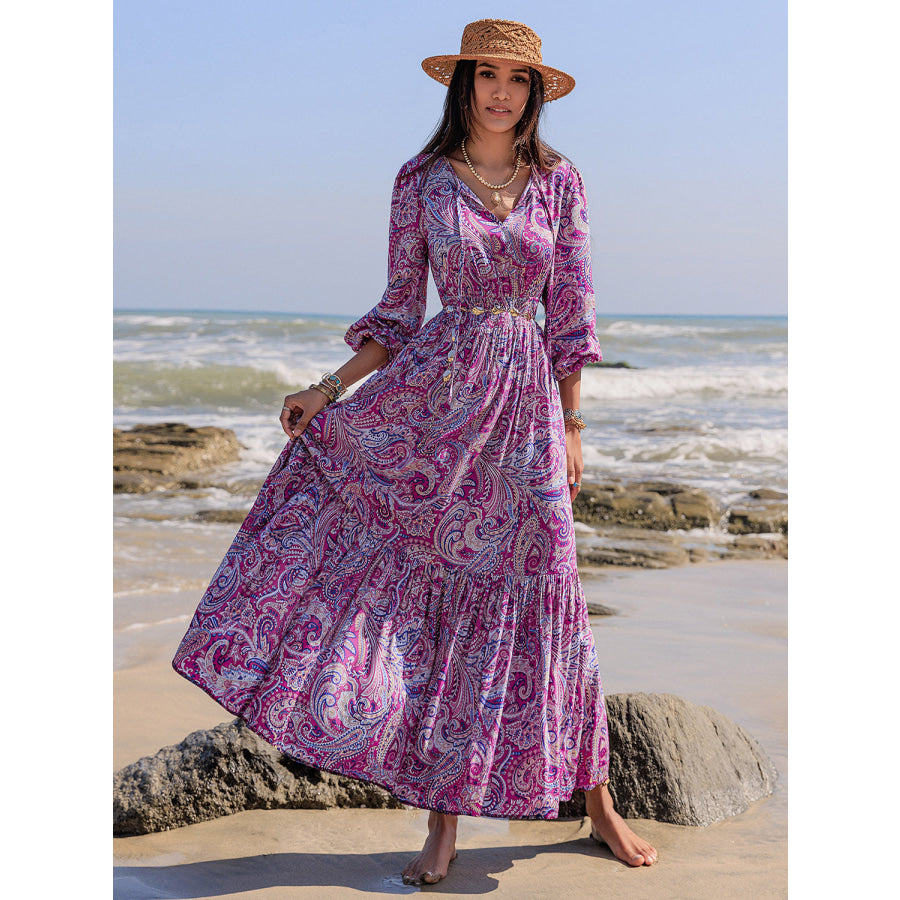 Printed Tie Neck Balloon Sleeve Maxi Dress Heliotrope Purple / S Apparel and Accessories