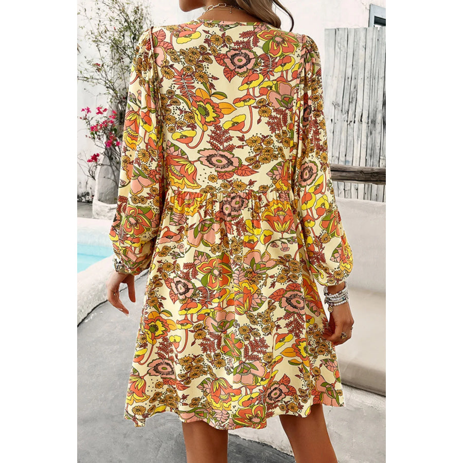 Printed Tie Neck Balloon Sleeve Mini Dress Yellow / S Apparel and Accessories