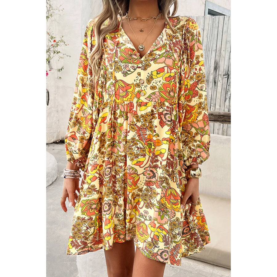 Printed Tie Neck Balloon Sleeve Mini Dress Yellow / S Apparel and Accessories