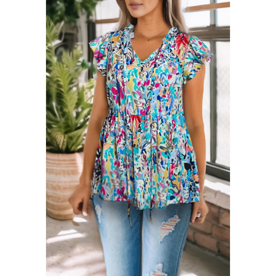 Printed Tie Neck Butterfly Sleeve Babydoll Top Multicolor / S