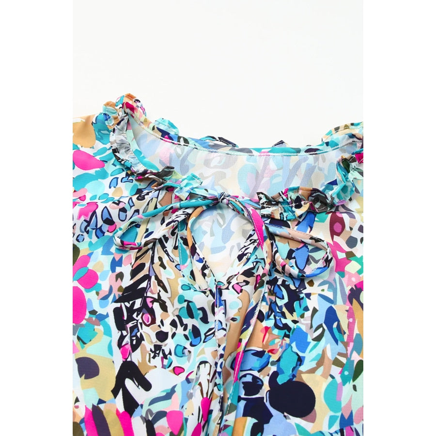 Printed Tie Neck Butterfly Sleeve Babydoll Top