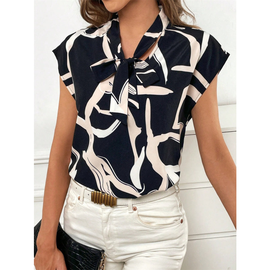 Printed Tie Neck Cap Sleeve Blouse Apparel and Accessories