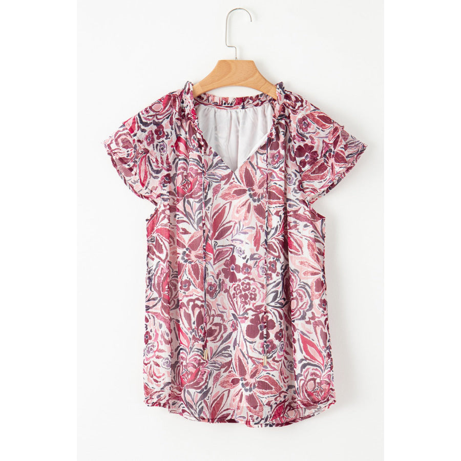 Printed Tie Neck Cap Sleeve Blouse Apparel and Accessories