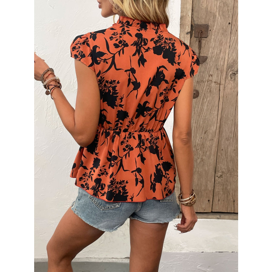 Printed Tie Neck Cap Sleeve Blouse Apparel and Accessories