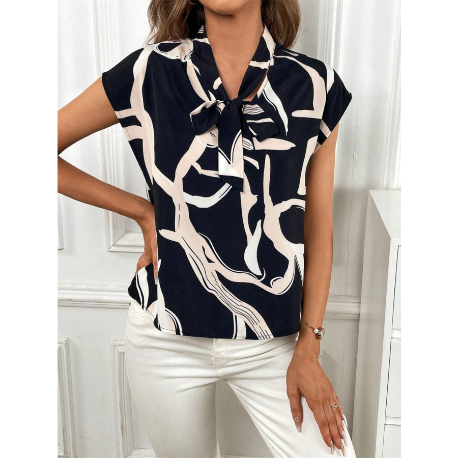 Printed Tie Neck Cap Sleeve Blouse Apparel and Accessories