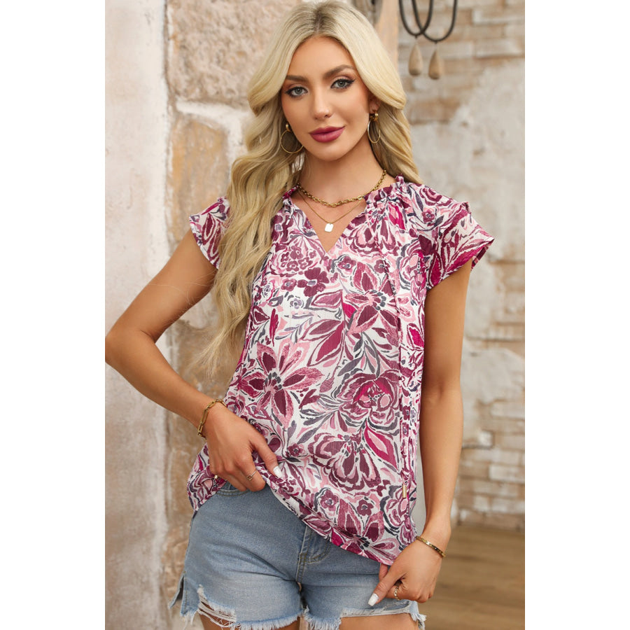 Printed Tie Neck Cap Sleeve Blouse Apparel and Accessories