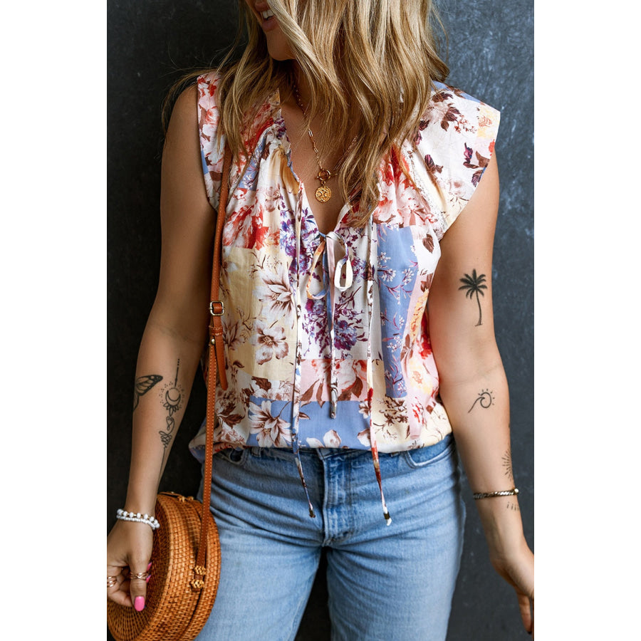 Printed Tie Neck Cap Sleeve Blouse Apparel and Accessories