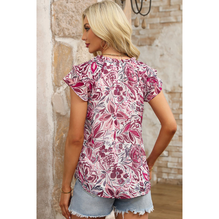 Printed Tie Neck Cap Sleeve Blouse Apparel and Accessories