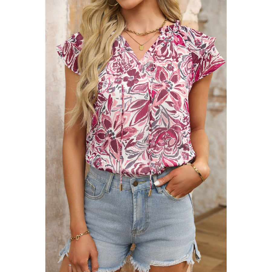 Printed Tie Neck Cap Sleeve Blouse Floral / S Apparel and Accessories