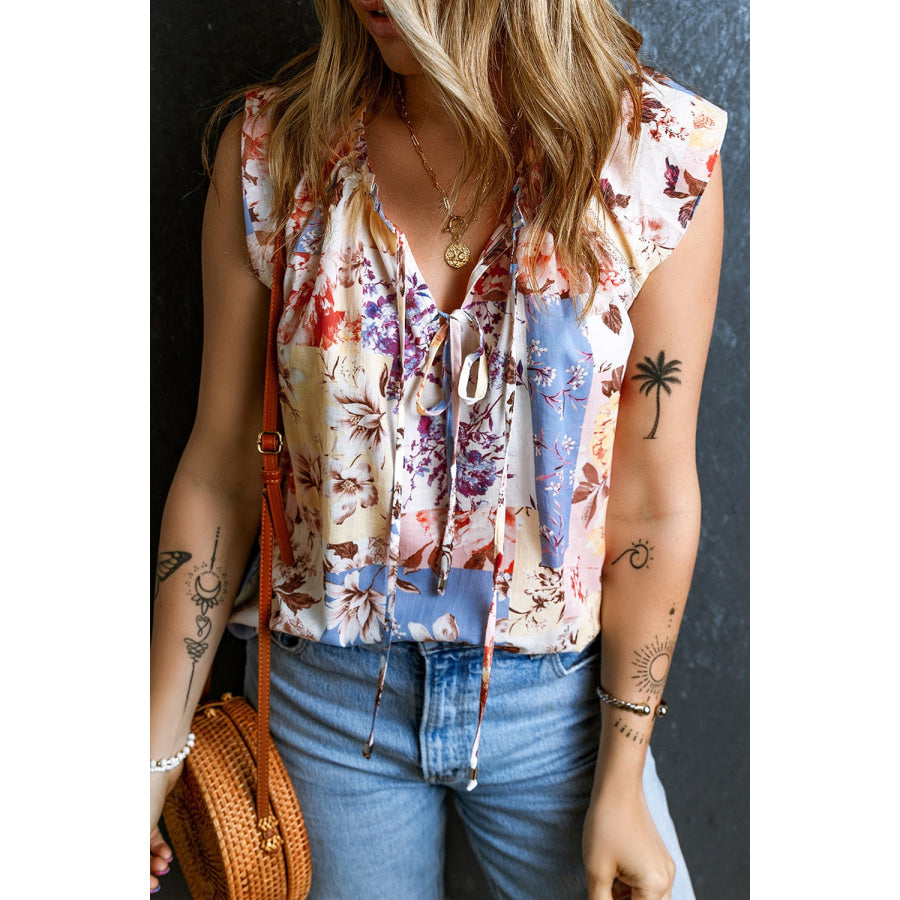 Printed Tie Neck Cap Sleeve Blouse Floral / S Apparel and Accessories