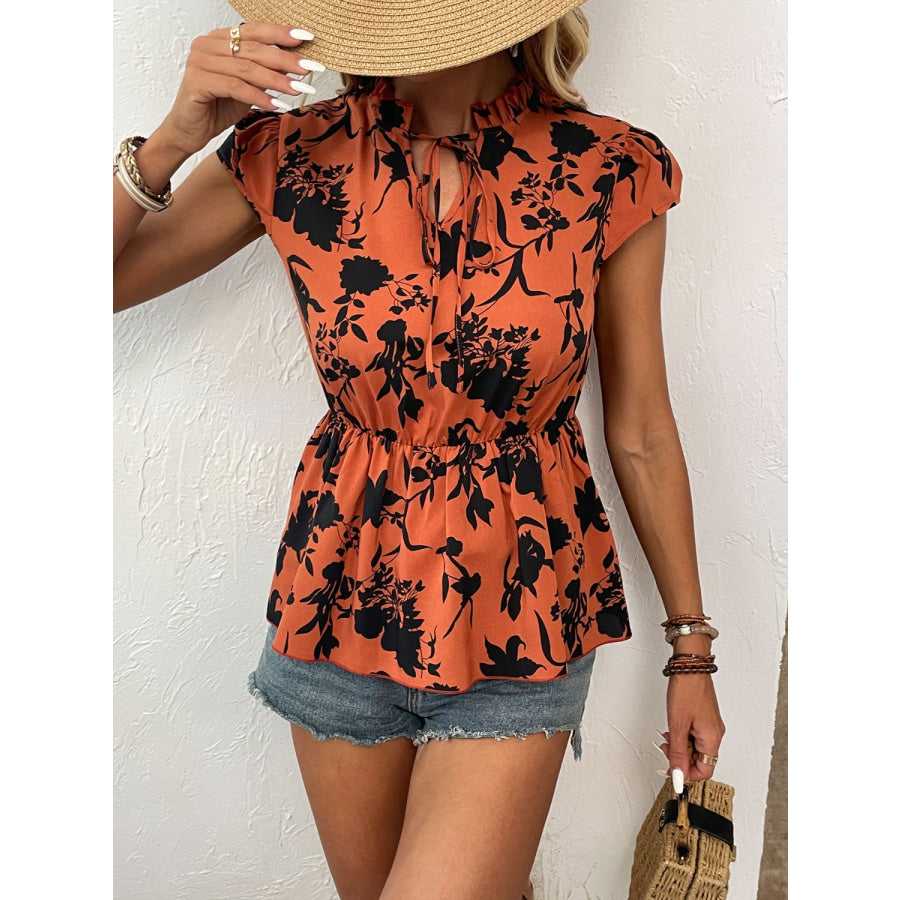 Printed Tie Neck Cap Sleeve Blouse Ochre / S Apparel and Accessories