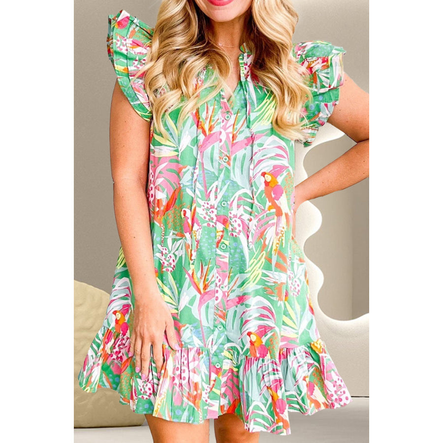 Printed Tie Neck Cap Sleeve Mini Dress Green / S Apparel and Accessories