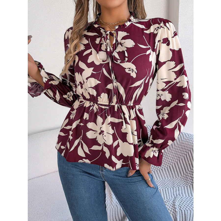 Printed Tie Neck Flounce Sleeve Blouse Apparel and Accessories