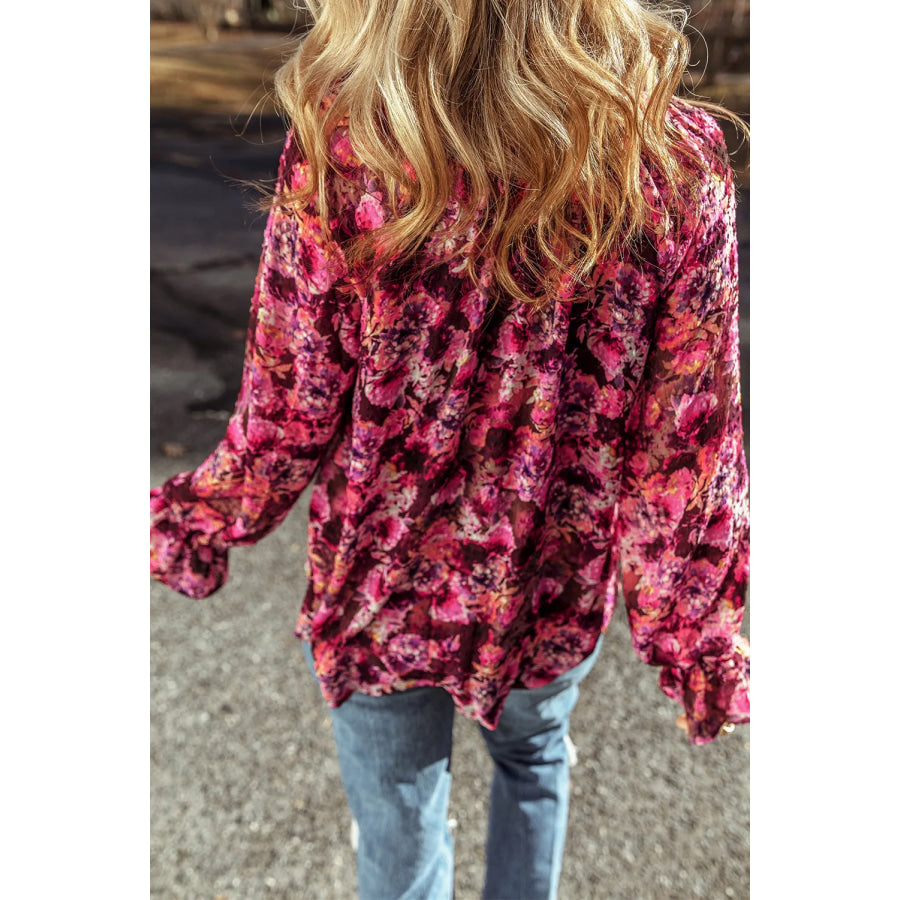 Printed Tie Neck Flounce Sleeve Blouse Cerise / S Apparel and Accessories