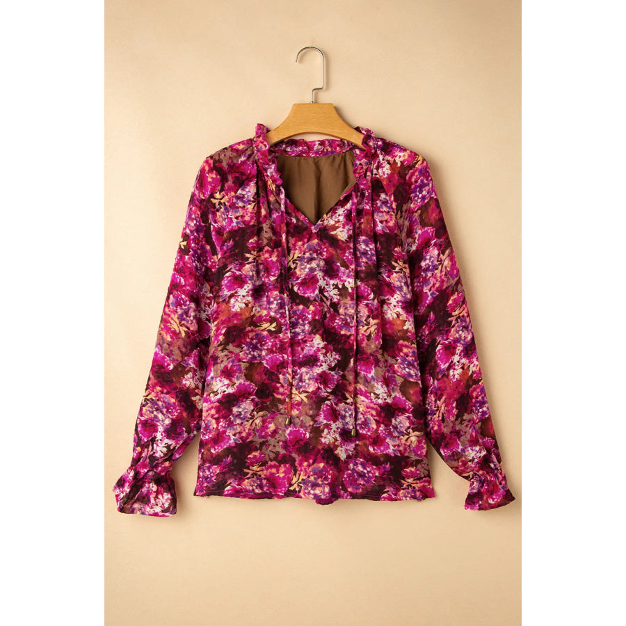 Printed Tie Neck Flounce Sleeve Blouse Apparel and Accessories