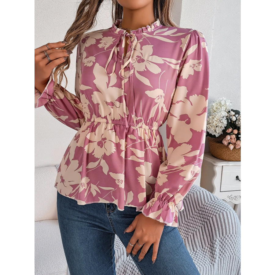 Printed Tie Neck Flounce Sleeve Blouse Apparel and Accessories