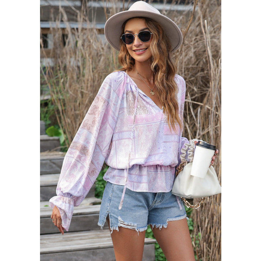 Printed Tie Neck Flounce Sleeve Blouse Apparel and Accessories