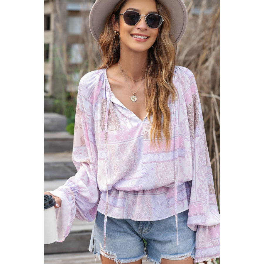 Printed Tie Neck Flounce Sleeve Blouse Apparel and Accessories