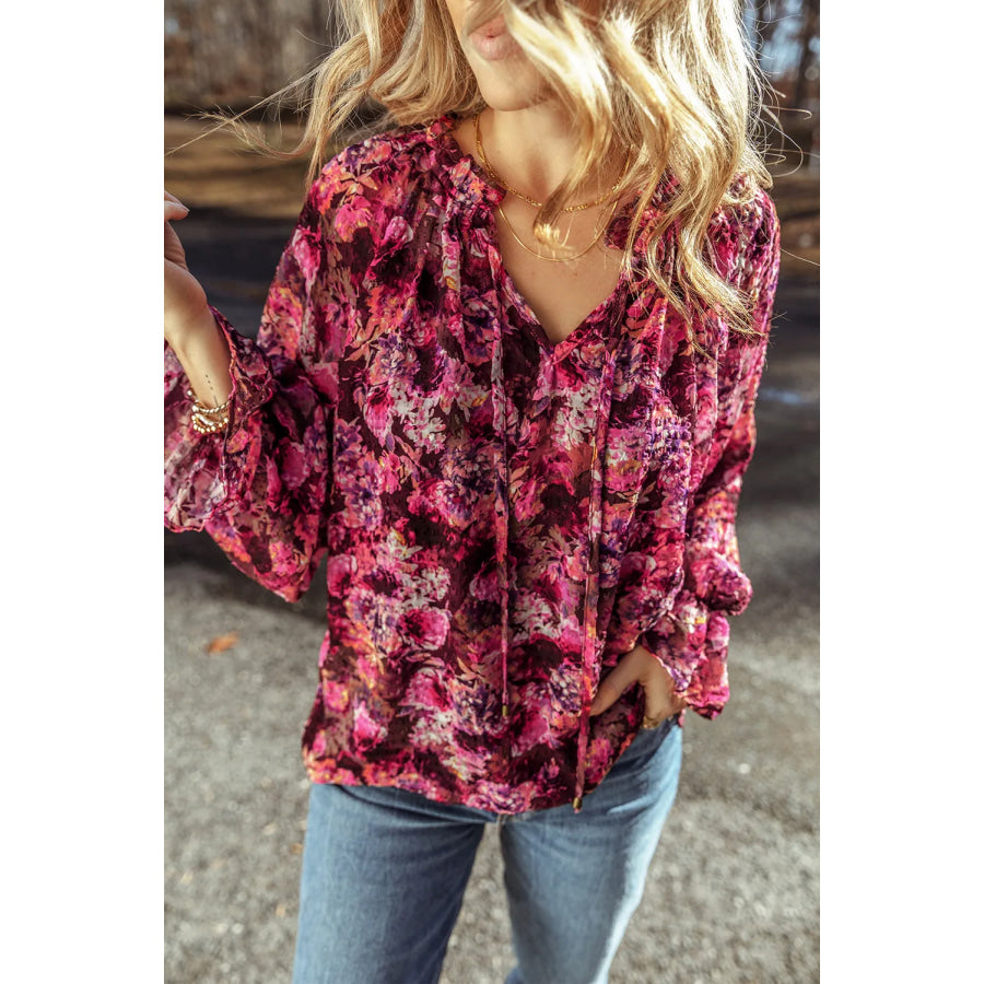 Printed Tie Neck Flounce Sleeve Blouse Apparel and Accessories