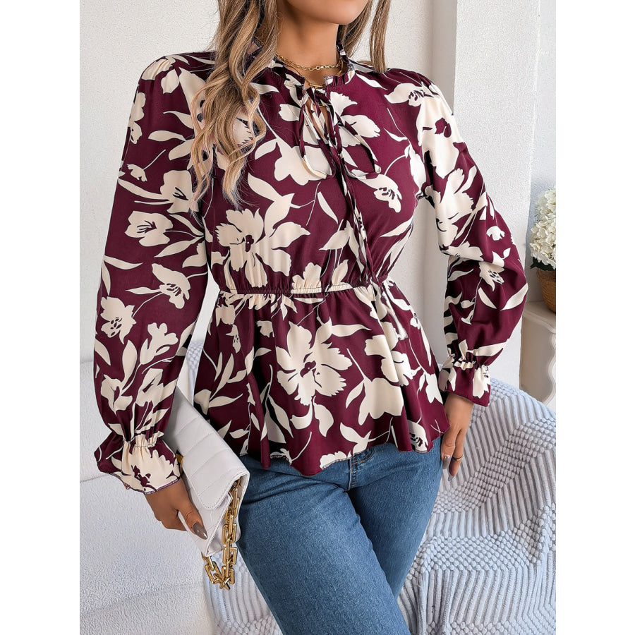 Printed Tie Neck Flounce Sleeve Blouse Apparel and Accessories