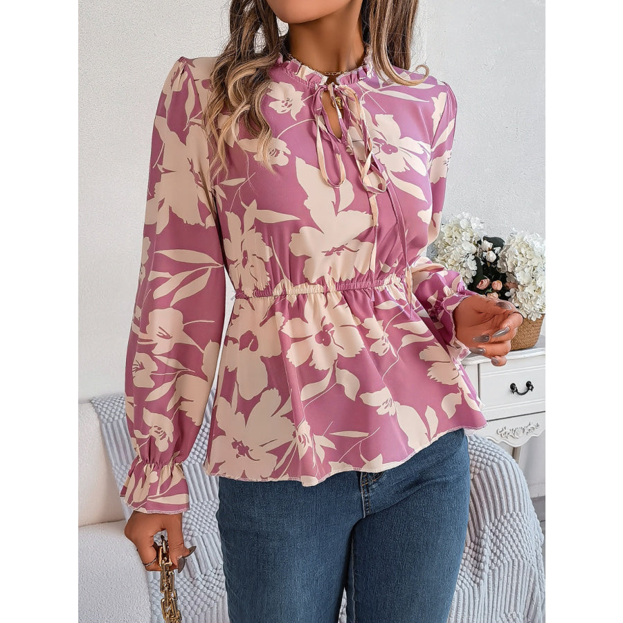 Printed Tie Neck Flounce Sleeve Blouse Apparel and Accessories