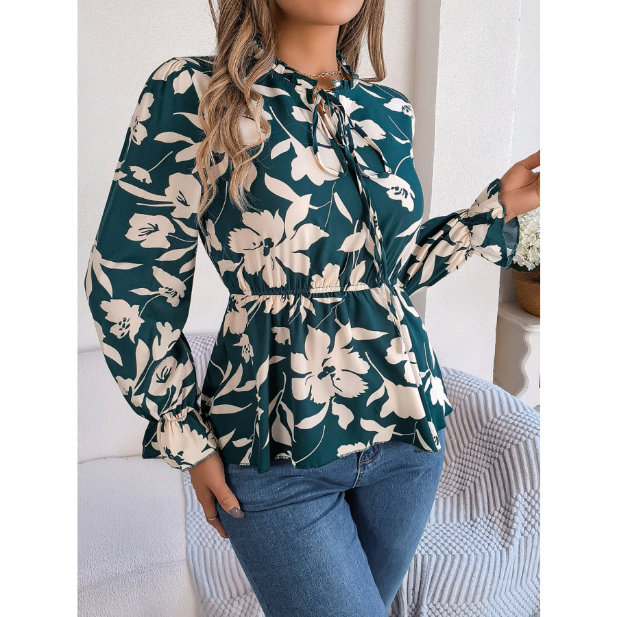 Printed Tie Neck Flounce Sleeve Blouse Apparel and Accessories