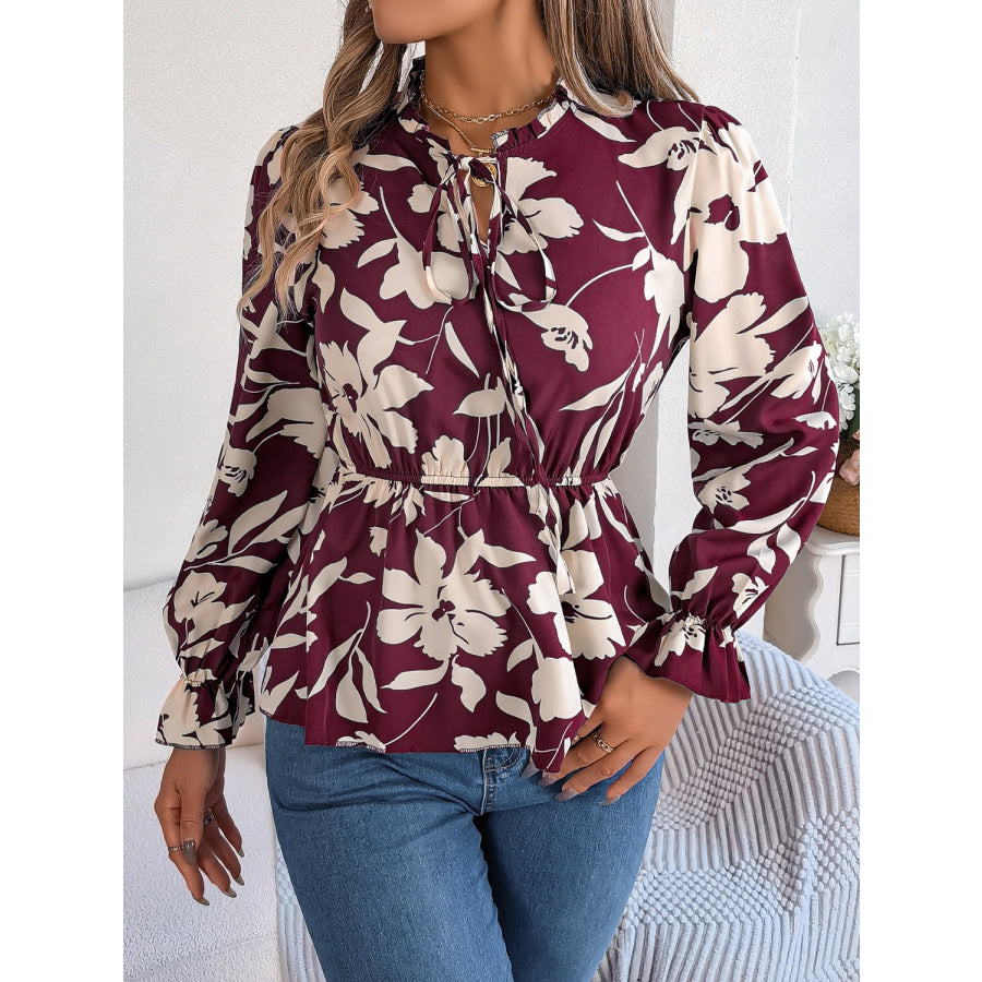 Printed Tie Neck Flounce Sleeve Blouse Apparel and Accessories