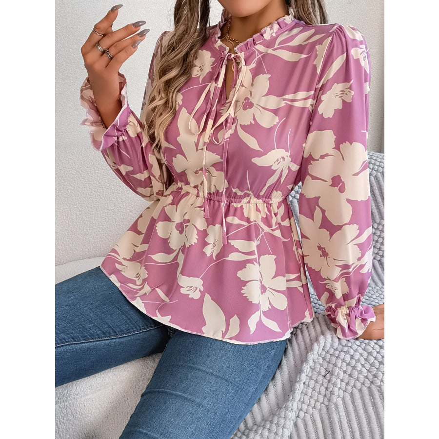 Printed Tie Neck Flounce Sleeve Blouse Apparel and Accessories