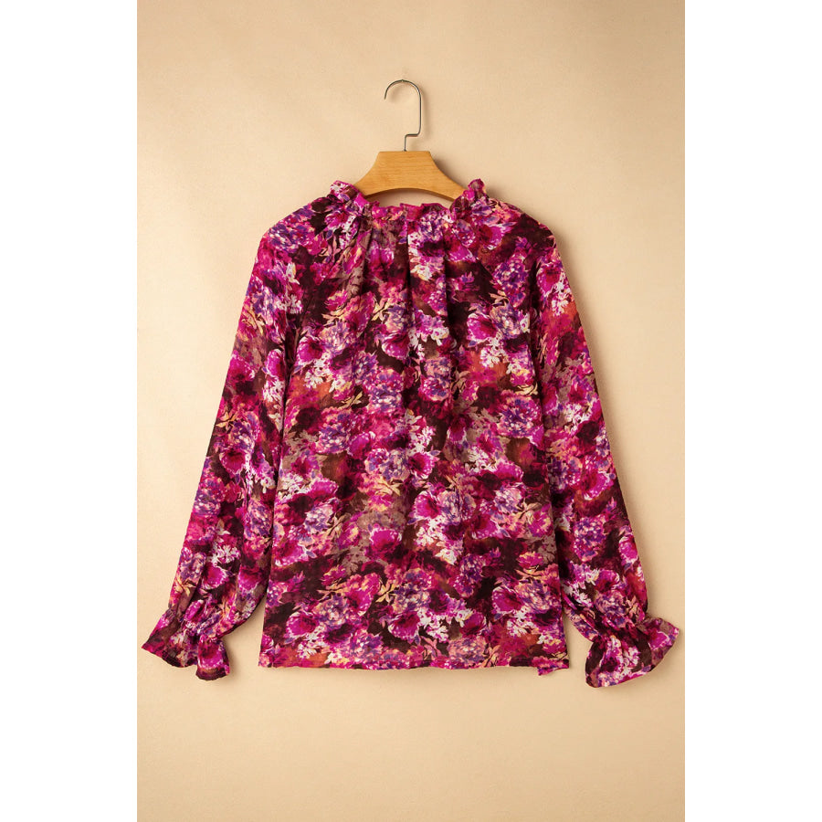 Printed Tie Neck Flounce Sleeve Blouse Apparel and Accessories