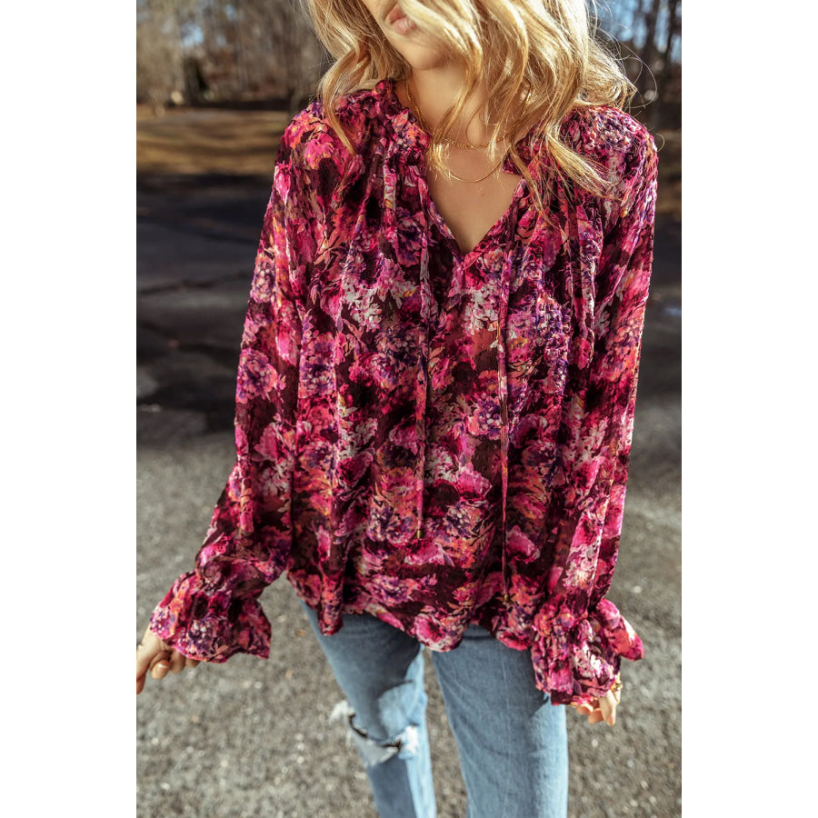 Printed Tie Neck Flounce Sleeve Blouse Cerise / S Apparel and Accessories