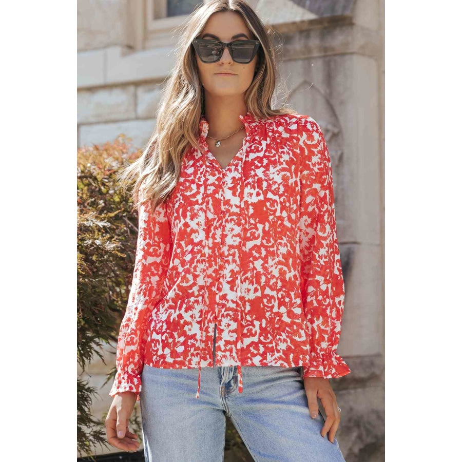 Printed Tie Neck Flounce Sleeve Blouse Deep Red / S