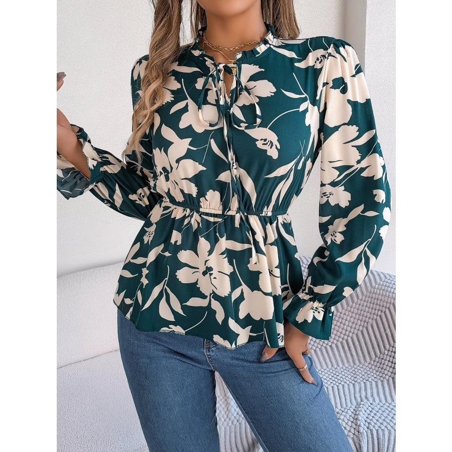 Printed Tie Neck Flounce Sleeve Blouse Deep Teal / S Apparel and Accessories