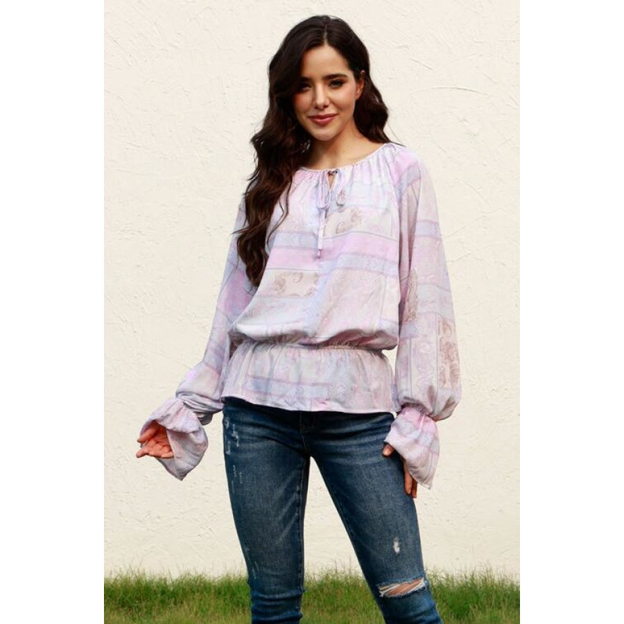 Printed Tie Neck Flounce Sleeve Blouse Lavender / S