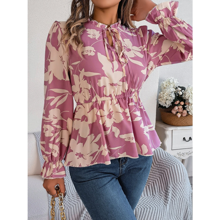 Printed Tie Neck Flounce Sleeve Blouse Moonlit Mauve / S Apparel and Accessories