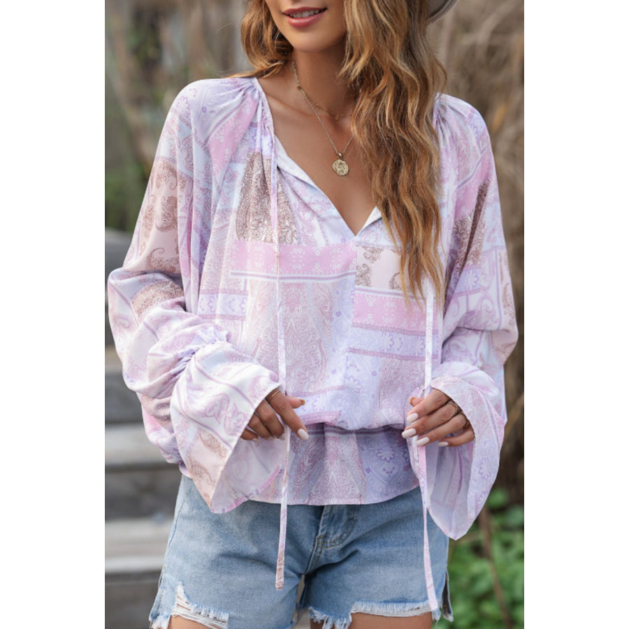 Printed Tie Neck Flounce Sleeve Blouse Pink Purple / S Apparel and Accessories