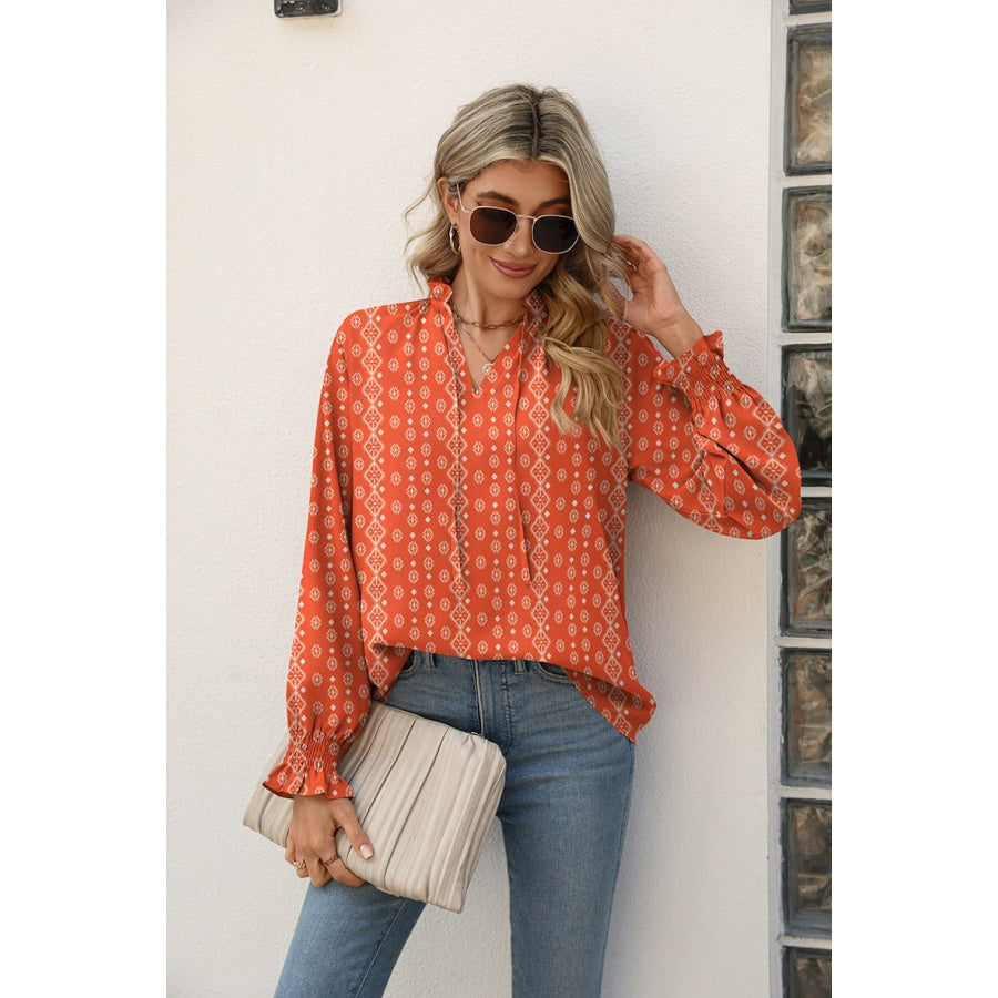 Printed Tie Neck Flounce Sleeve Blouse Red Orange / S