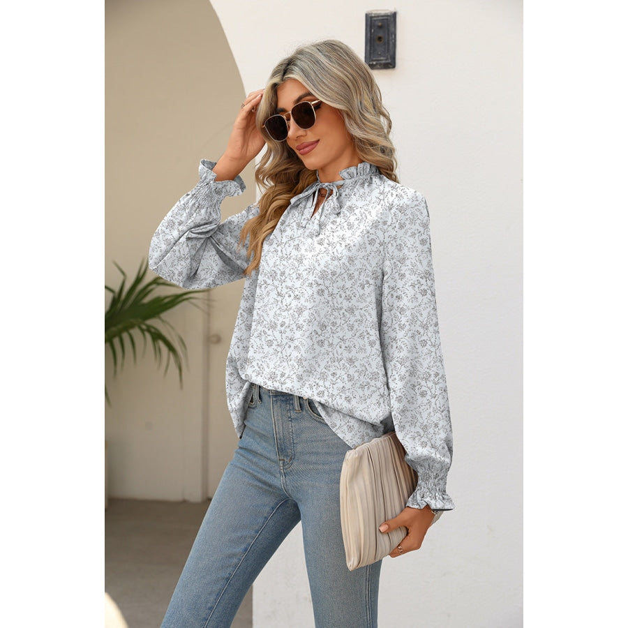 Printed Tie Neck Flounce Sleeve Blouse