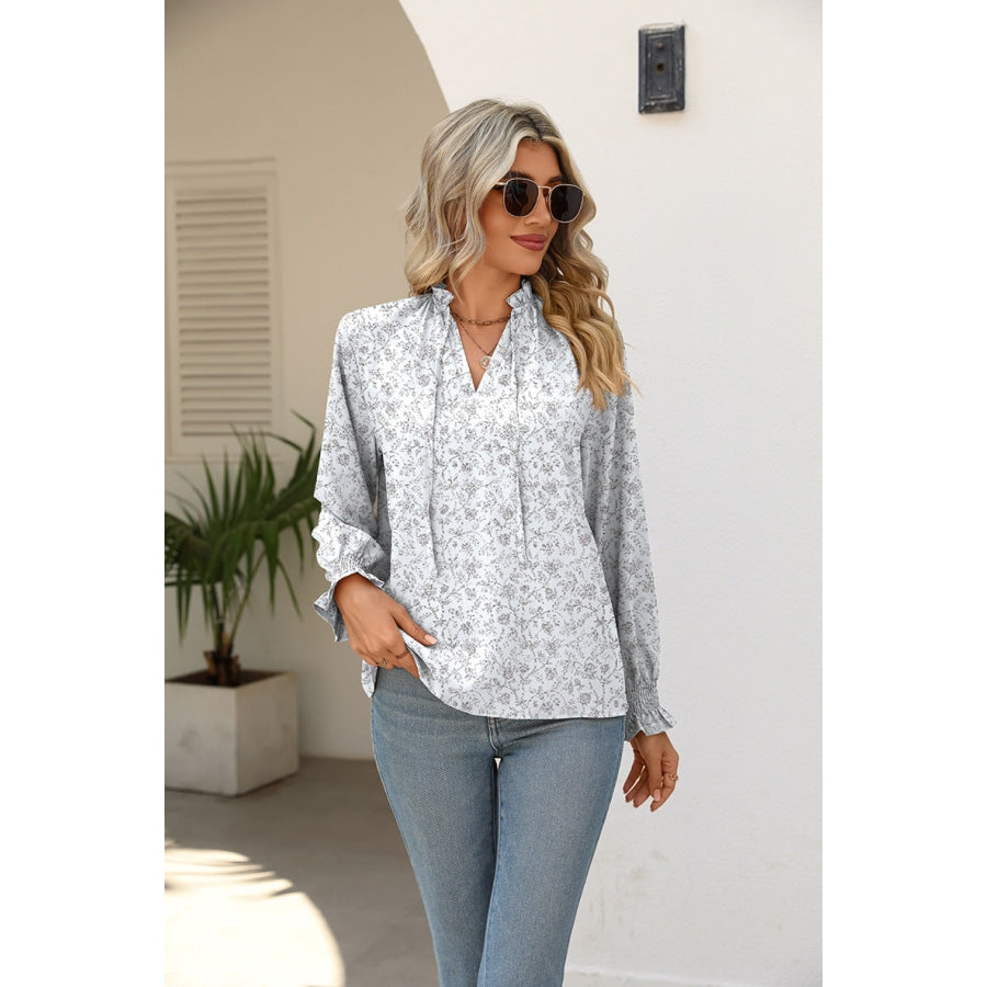 Printed Tie Neck Flounce Sleeve Blouse